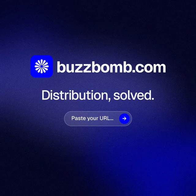 Instagram post for BuzzBomb: "Distribution, solved." Agentic glass style, logo hero layout, dark palette in black, blue.