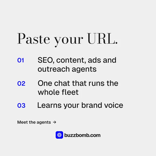 Instagram post for BuzzBomb: "Paste your URL." Minimal luxury style, numbered layout, light palette in white, grey.