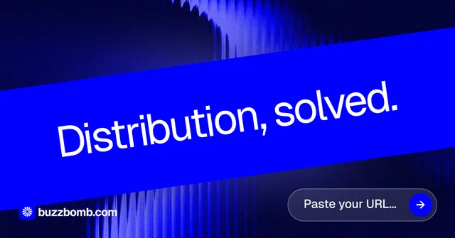 Social ad for BuzzBomb: "Distribution, solved." Agentic glass style, diagonal layout, dark palette in blue.