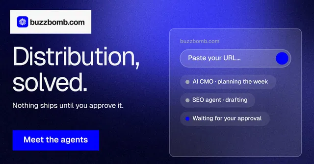 Social ad for BuzzBomb: "Distribution, solved." Swiss style, bottom layout, dark palette in blue.