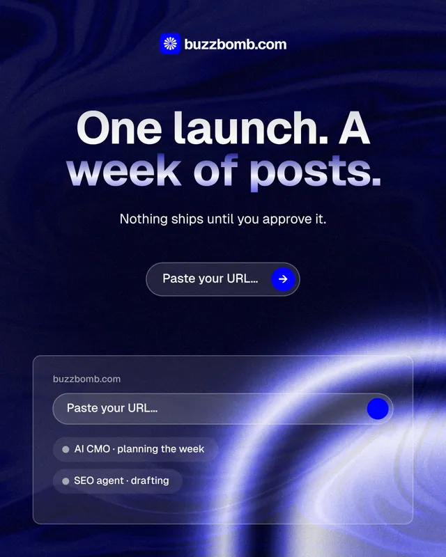 Instagram portrait post for BuzzBomb: "One launch. A week of posts." Agentic glass style, centred layout, dark palette in black, blue.