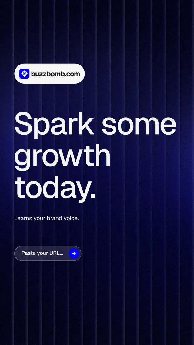 Instagram story for BuzzBomb: "Spark some growth today." Agentic glass style, announce layout, dark palette in blue, black.