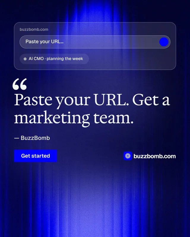 Instagram portrait post for BuzzBomb: "Paste your URL." Swiss style, quote layout, dark palette in blue.