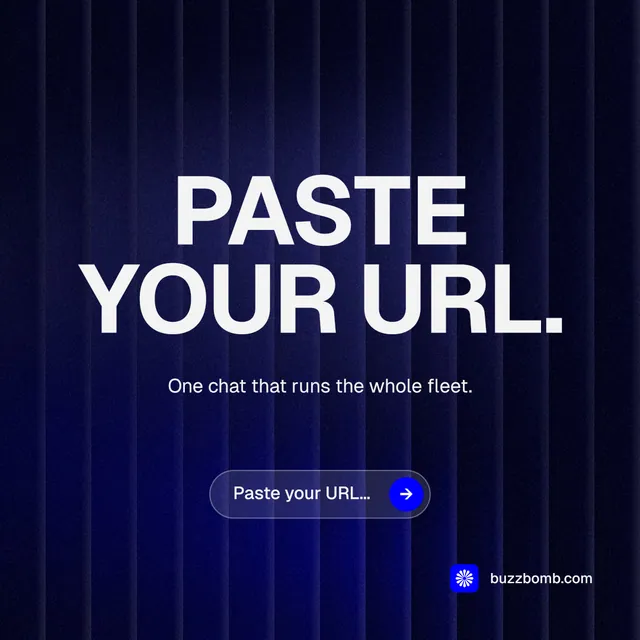 Instagram post for BuzzBomb: "Paste your URL." Agentic glass style, centred layout, dark palette in black, blue, grey.