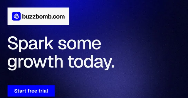 Social ad for BuzzBomb: "Spark some growth today." Swiss style, announce layout, dark palette in black, blue, grey.