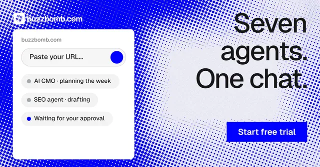Social ad for BuzzBomb: "Seven agents. One chat." Swiss style, right layout, light palette in blue, white.