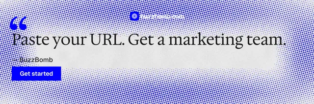 X header for BuzzBomb: "Your AI marketing team." Swiss style, quote layout, light palette in blue, white.
