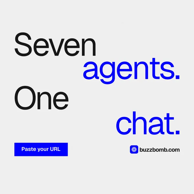 Instagram post for BuzzBomb: "Seven agents. One chat." Swiss style, stacked layout, light palette in white, blue.