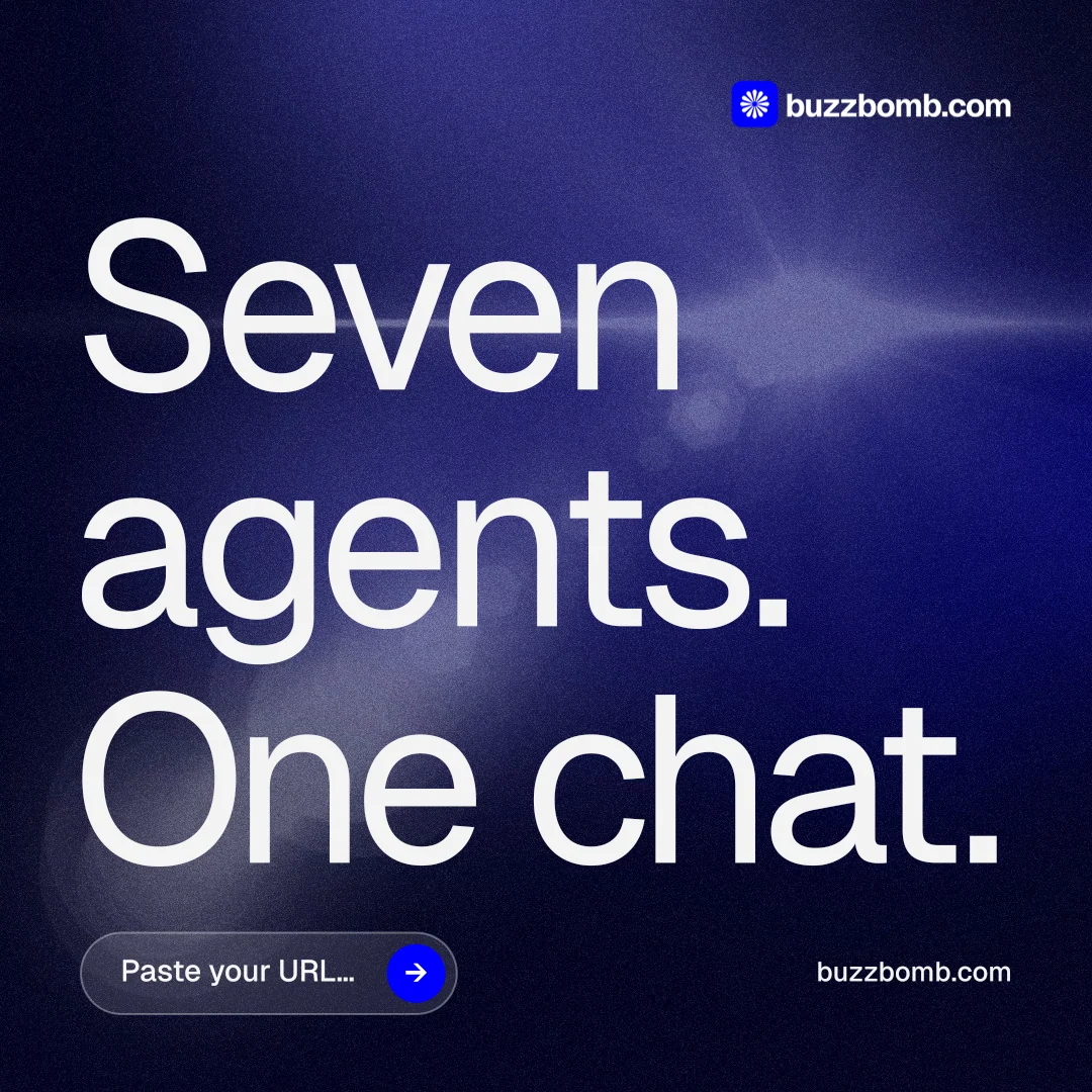 Instagram post for BuzzBomb: "Seven agents. One chat." Agentic glass style, poster layout, dark palette in black, blue, grey.