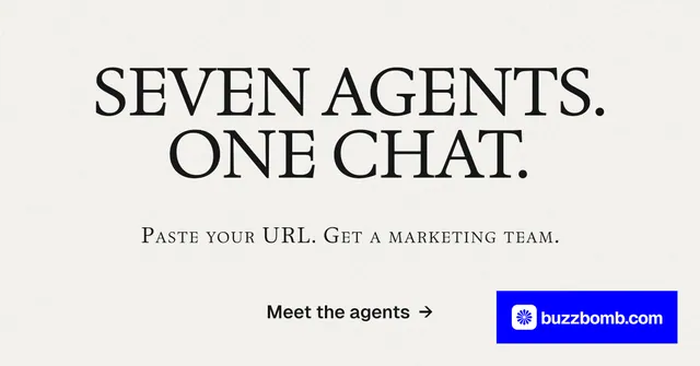 Social ad for BuzzBomb: "Seven agents. One chat." Swiss style, smallcaps layout, light palette in white, grey.