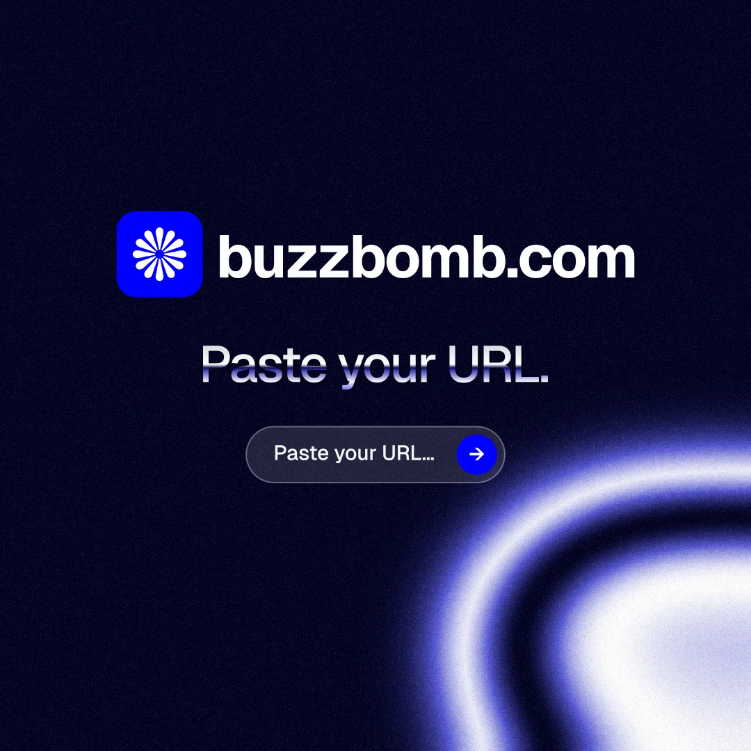 Instagram post for BuzzBomb: "Paste your URL." Agentic glass style, logo hero layout, dark palette in black, blue.