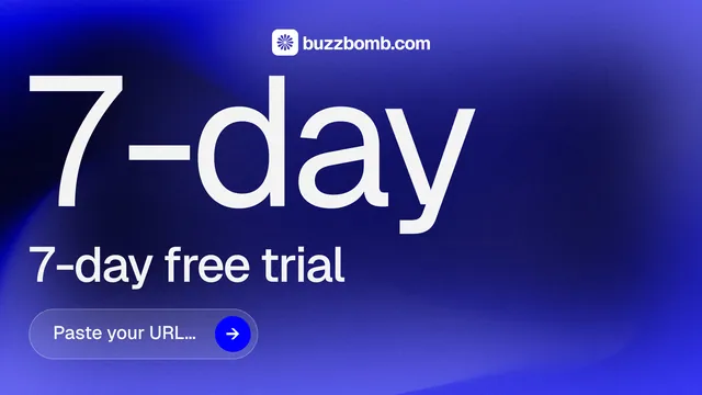 Landscape graphic for BuzzBomb: "Your AI marketing team." Agentic glass style, stat layout, dark palette in blue.