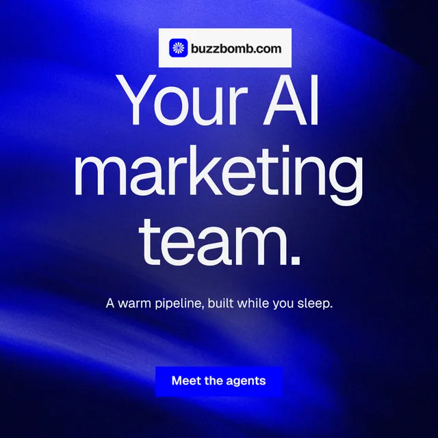 Instagram post for BuzzBomb: "Your AI marketing team." Swiss style, centred layout, dark palette in black, blue.