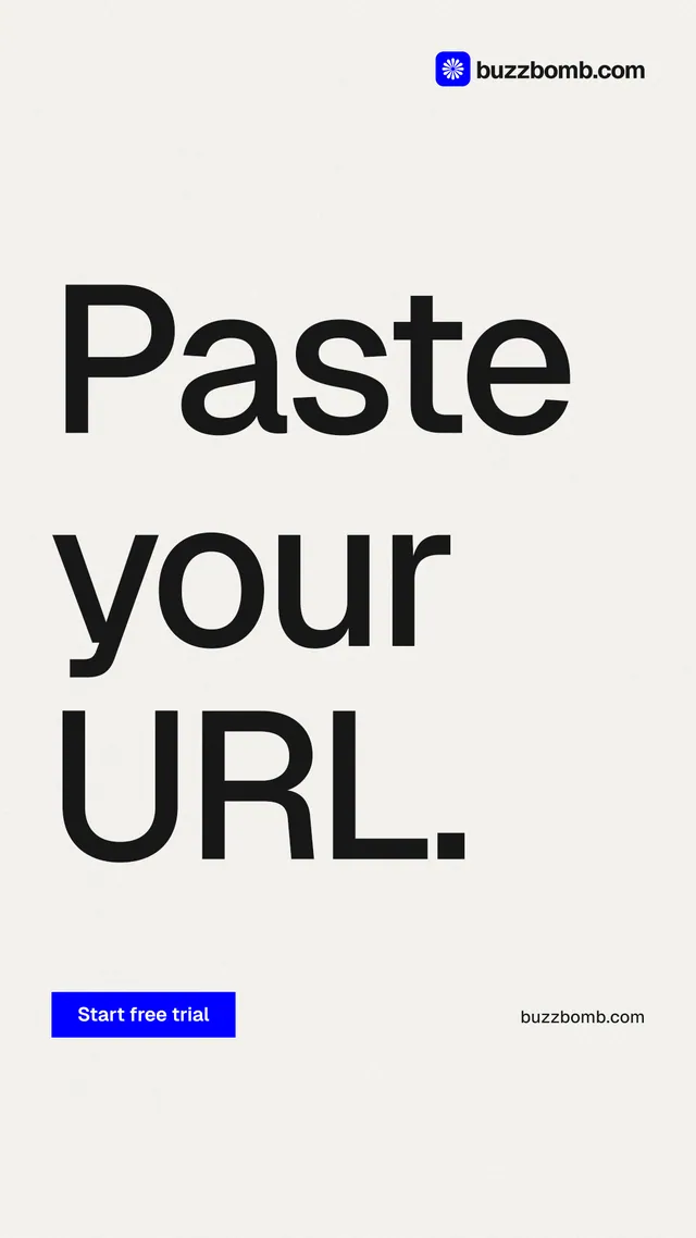 Instagram story for BuzzBomb: "Paste your URL." Swiss style, poster layout, light palette in white, grey.