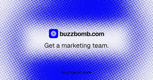 Social ad for BuzzBomb: "Get a marketing team." Split block style, end card layout, light palette in blue, white.