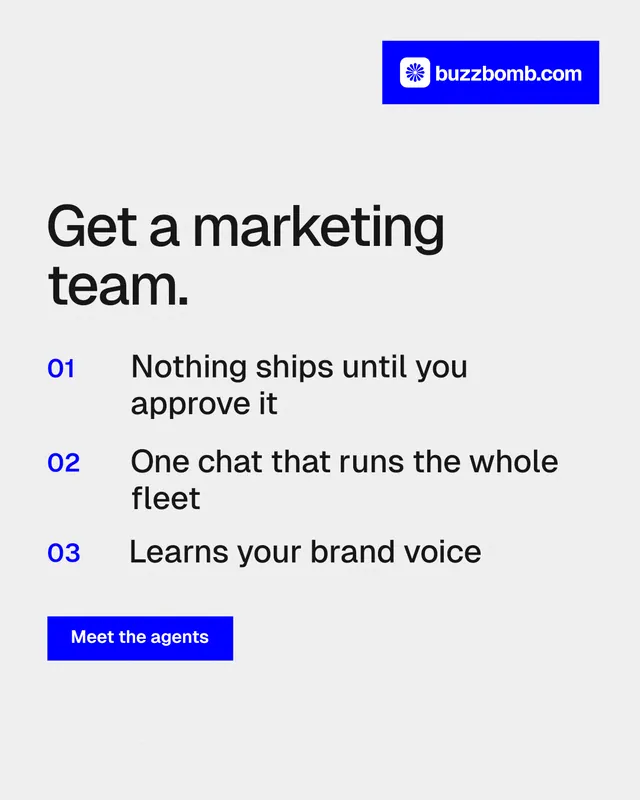 Instagram portrait post for BuzzBomb: "Get a marketing team." Swiss style, numbered layout, light palette in white, blue.