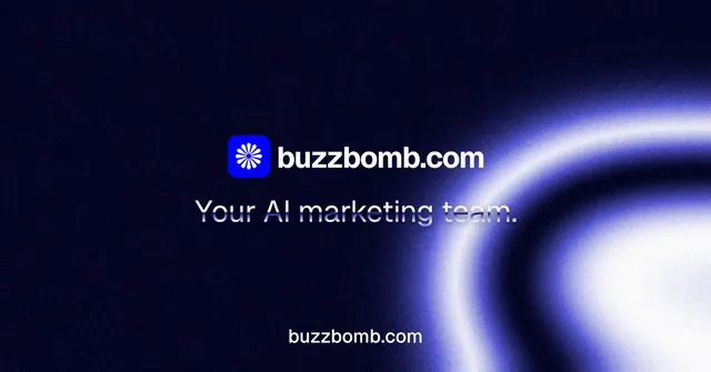 Social ad for BuzzBomb: "Your AI marketing team." Agentic glass style, end card layout, dark palette in black, blue.