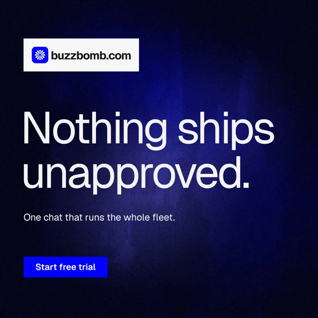 Instagram post for BuzzBomb: "Nothing ships unapproved." Swiss style, announce layout, dark palette in black, blue, grey.