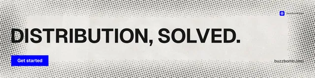 LinkedIn banner for BuzzBomb: "Distribution, solved." Swiss style, poster layout, light palette in grey, white.