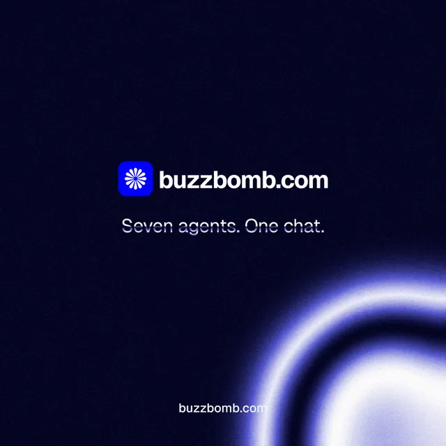 Instagram post for BuzzBomb: "Seven agents. One chat." Agentic glass style, end card layout, dark palette in black, blue.