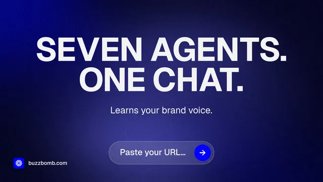 Landscape graphic for BuzzBomb: "Seven agents. One chat." Agentic glass style, centred layout, dark palette in black, blue.