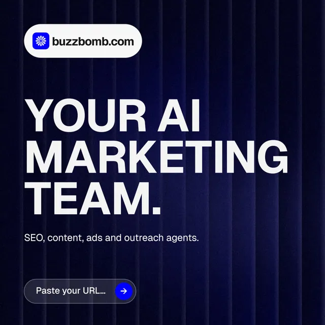 Instagram post for BuzzBomb: "Your AI marketing team." Agentic glass style, announce layout, dark palette in black, blue, grey.