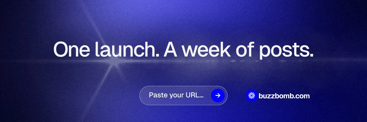 X header for BuzzBomb: "One launch. A week of posts." Agentic glass style, centred layout, dark palette in blue.
