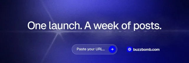 X header for BuzzBomb: "One launch. A week of posts." Agentic glass style, centred layout, dark palette in blue.
