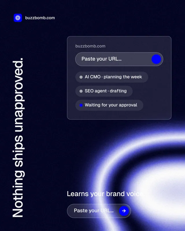 Instagram portrait post for BuzzBomb: "Nothing ships unapproved." Agentic glass style, vertical layout, dark palette in black, blue.