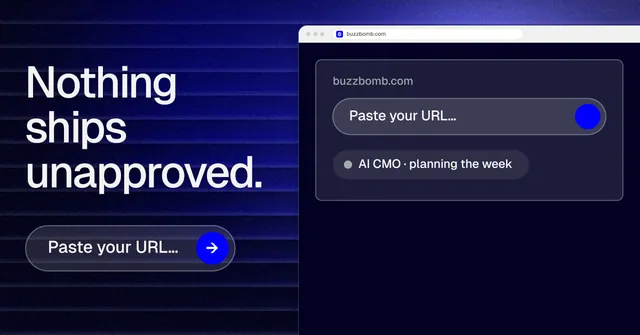 Social ad for BuzzBomb: "Nothing ships unapproved." Agentic glass style, browser layout, dark palette in black, blue, grey.