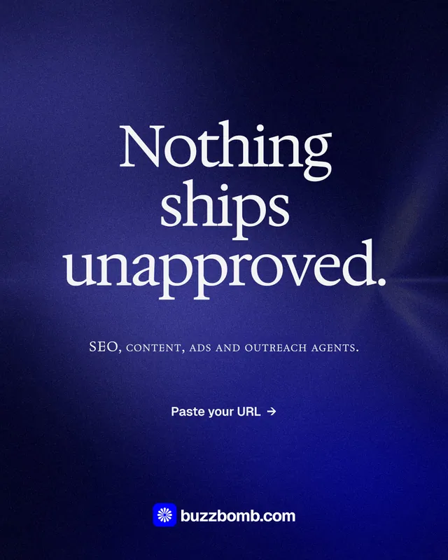 Instagram portrait post for BuzzBomb: "Nothing ships unapproved." Swiss style, smallcaps layout, dark palette in black, blue.