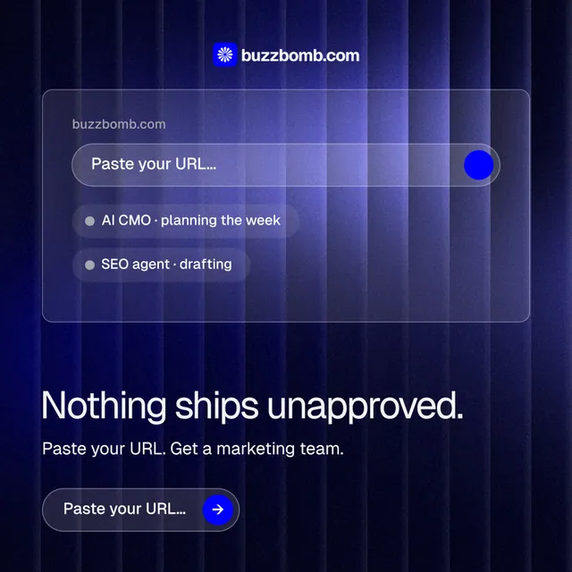 Instagram post for BuzzBomb: "Nothing ships unapproved." Agentic glass style, bottom layout, dark palette in blue, black.