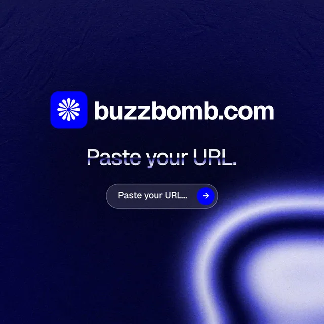 Instagram post for BuzzBomb: "Paste your URL." Agentic glass style, logo hero layout, dark palette in black, blue.