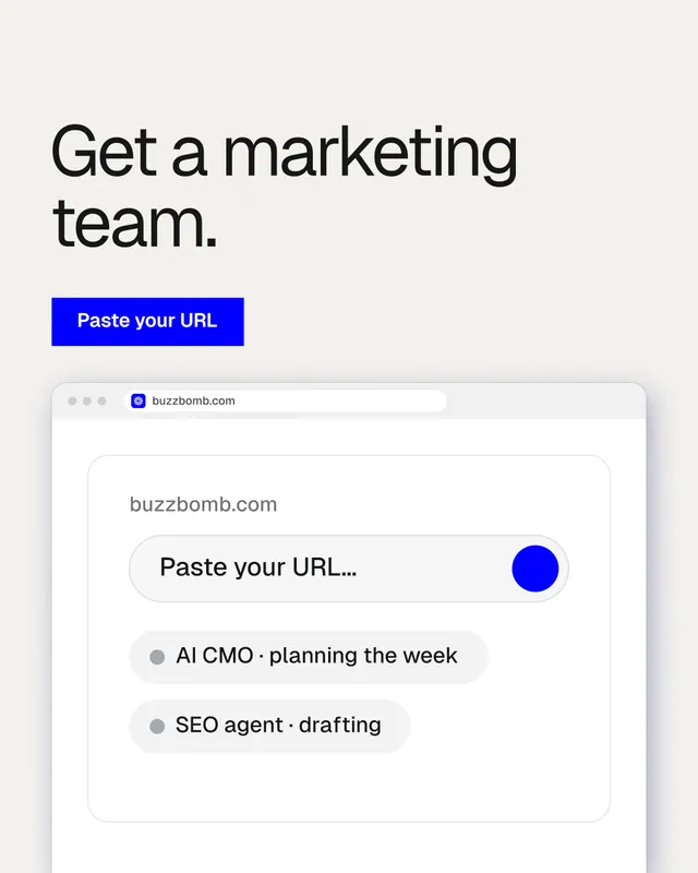 Instagram portrait post for BuzzBomb: "Get a marketing team." Swiss style, browser layout, light palette in white, blue.