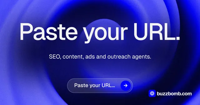 Social ad for BuzzBomb: "Paste your URL." Agentic glass style, centred layout, dark palette in blue.