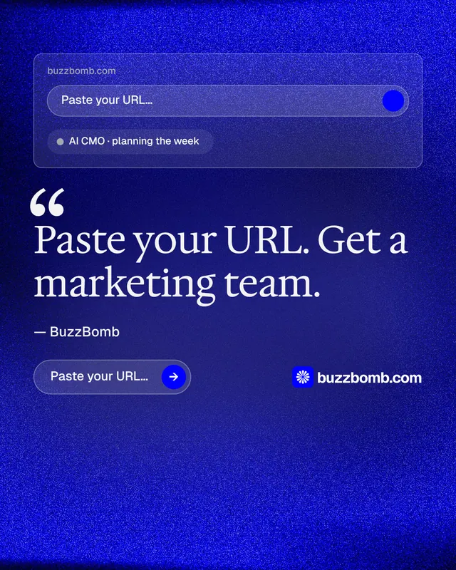 Instagram portrait post for BuzzBomb: "Spark some growth today." Agentic glass style, quote layout, dark palette in blue.