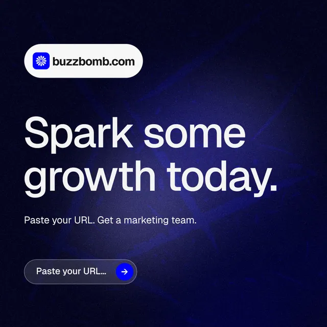 Instagram post for BuzzBomb: "Spark some growth today." Agentic glass style, announce layout, dark palette in black, blue, grey.