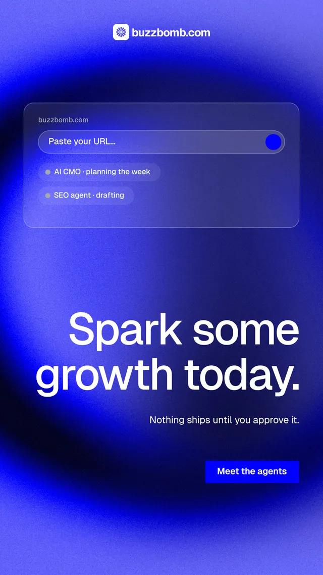 Instagram story for BuzzBomb: "Spark some growth today." Swiss style, right layout, dark palette in blue.