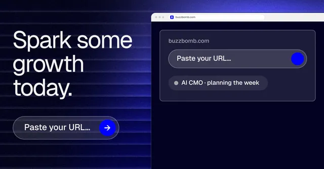 Social ad for BuzzBomb: "Spark some growth today." Agentic glass style, browser layout, dark palette in blue, black, grey.