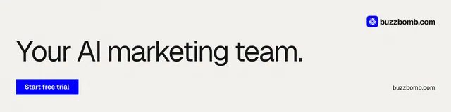 LinkedIn banner for BuzzBomb: "Your AI marketing team." Swiss style, poster layout, light palette in white, blue.
