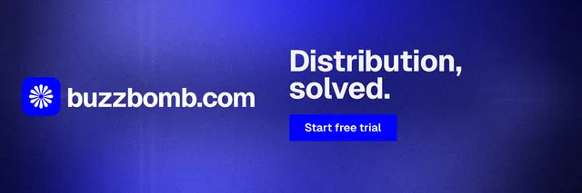X header for BuzzBomb: "Distribution, solved." Swiss style, logo hero layout, dark palette in blue.