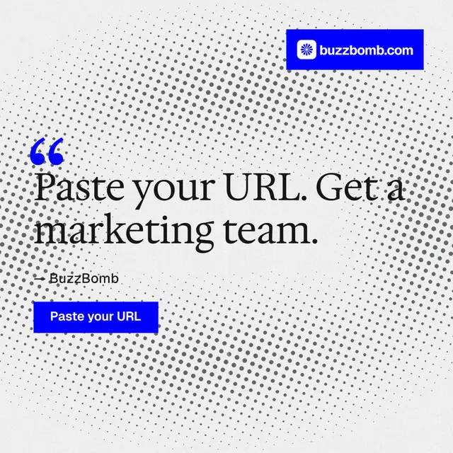 Instagram post for BuzzBomb: "Paste your URL." Swiss style, quote layout, light palette in white, blue.