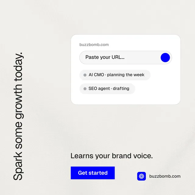 Instagram post for BuzzBomb: "Spark some growth today." Swiss style, vertical layout, light palette in white, blue.