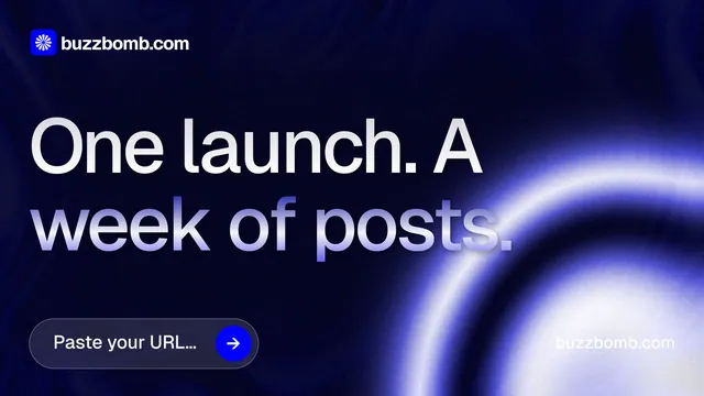 Landscape graphic for BuzzBomb: "One launch. A week of posts." Agentic glass style, poster layout, dark palette in black, blue.