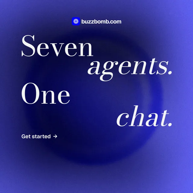 Instagram post for BuzzBomb: "Seven agents. One chat." Minimal luxury style, stacked layout, dark palette in blue.