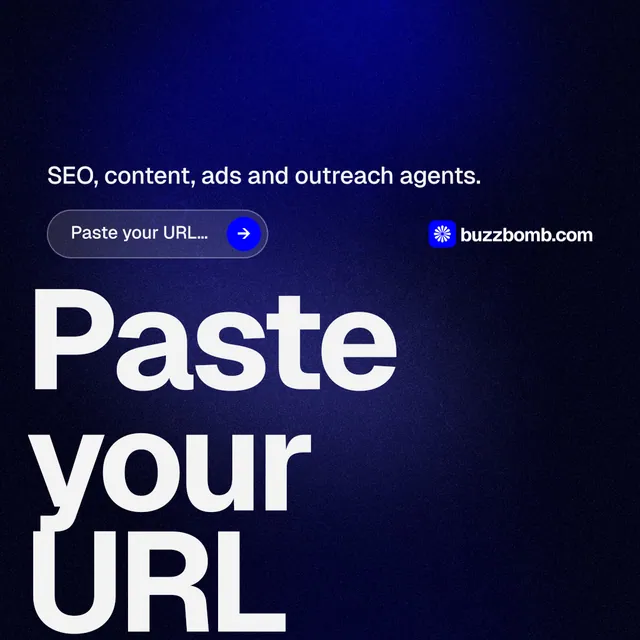 Instagram post for BuzzBomb: "Spark some growth today." Agentic glass style, oversized layout, dark palette in black, blue, grey.