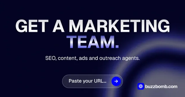 Social ad for BuzzBomb: "Get a marketing team." Agentic glass style, centred layout, dark palette in black, grey, blue.