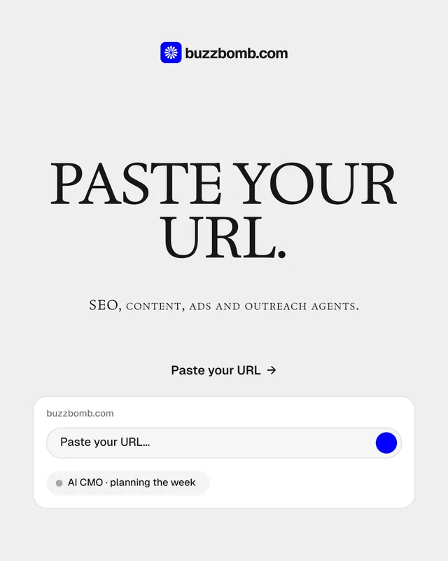 Instagram portrait post for BuzzBomb: "Paste your URL." Swiss style, smallcaps layout, light palette in white.