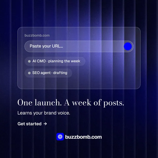 Instagram post for BuzzBomb: "One launch. A week of posts." Minimal luxury style, bottom layout, dark palette in blue, black.