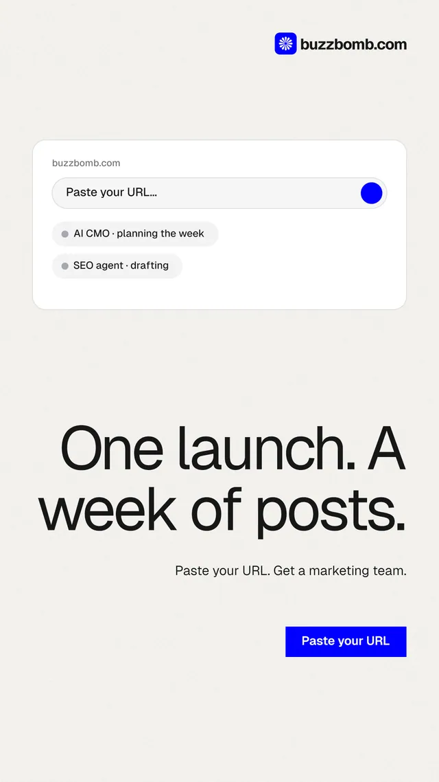 Instagram story for BuzzBomb: "One launch. A week of posts." Swiss style, right layout, light palette in white.